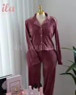 بيجاما مخمل نود قميص كم و بنطلون