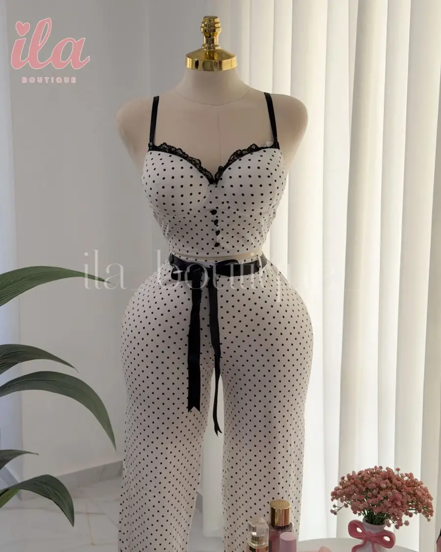 بيجاما ابيض HIGH QUALITY POLKA DOTS توب و بنطلون