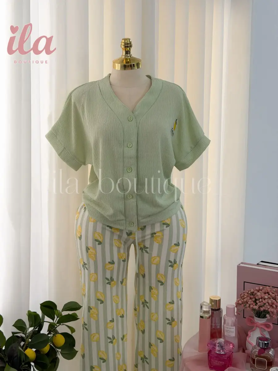بيجاما الليمون MINT GREEN نص كم ازرار و بنطلون