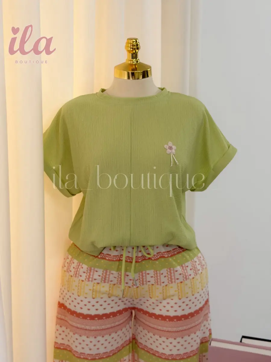 بيجاما MINT GREEN قماش بارد توب سادة و بنطلون منقش