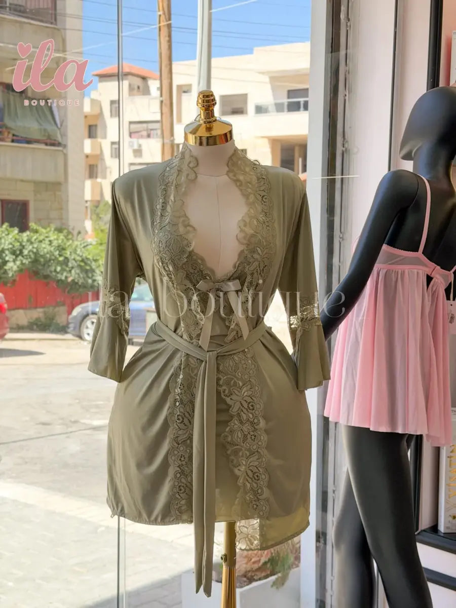 فستان نوم زيتي مع روب و اندروير