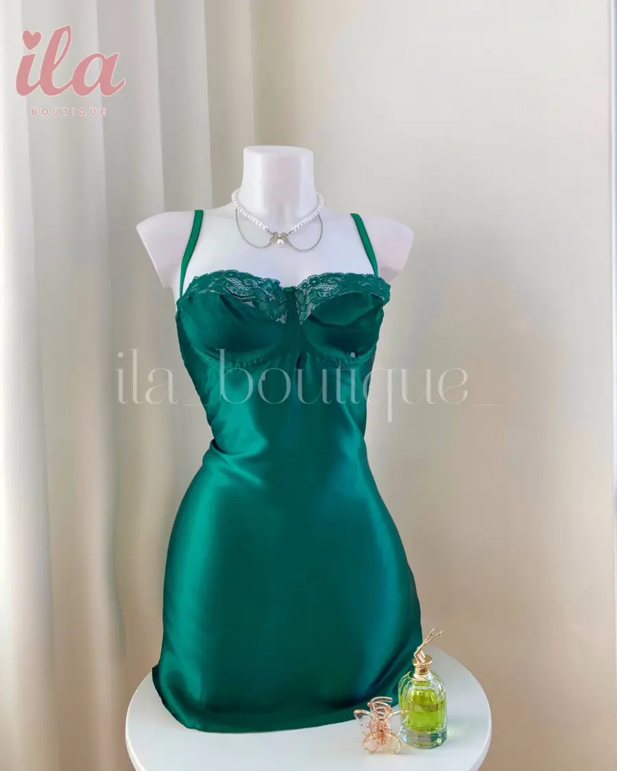 فستان ستان اخضر غامق