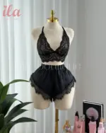 طقم ستان اسود توب دانتيل و شورت