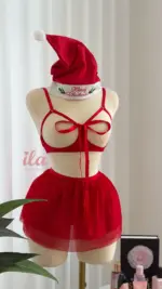 لانجري 3 قطع قماش تول فيونكا دانتيل احمر