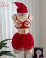 لانجري 3 قطع قماش تول فيونكا دانتيل احمر