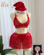 لانجري 3 قطع دانتيل احمر ( SKIRT + BRA + THONG )