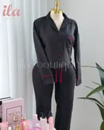 بيجاما اسود و خمري فيونكات قميص كم و بنطلون