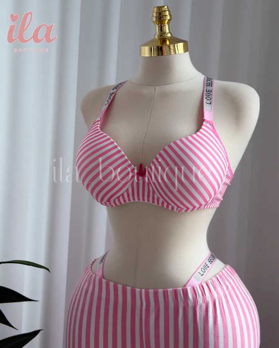 داخلي LOVE SECRET مقلم فوشي و ابيض قماش قطعتين