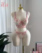 داخلي ورد دانتيل ابيض و مشمشي قطعتين