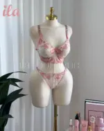 داخلي ورد دانتيل ابيض و مشمشي قطعتين