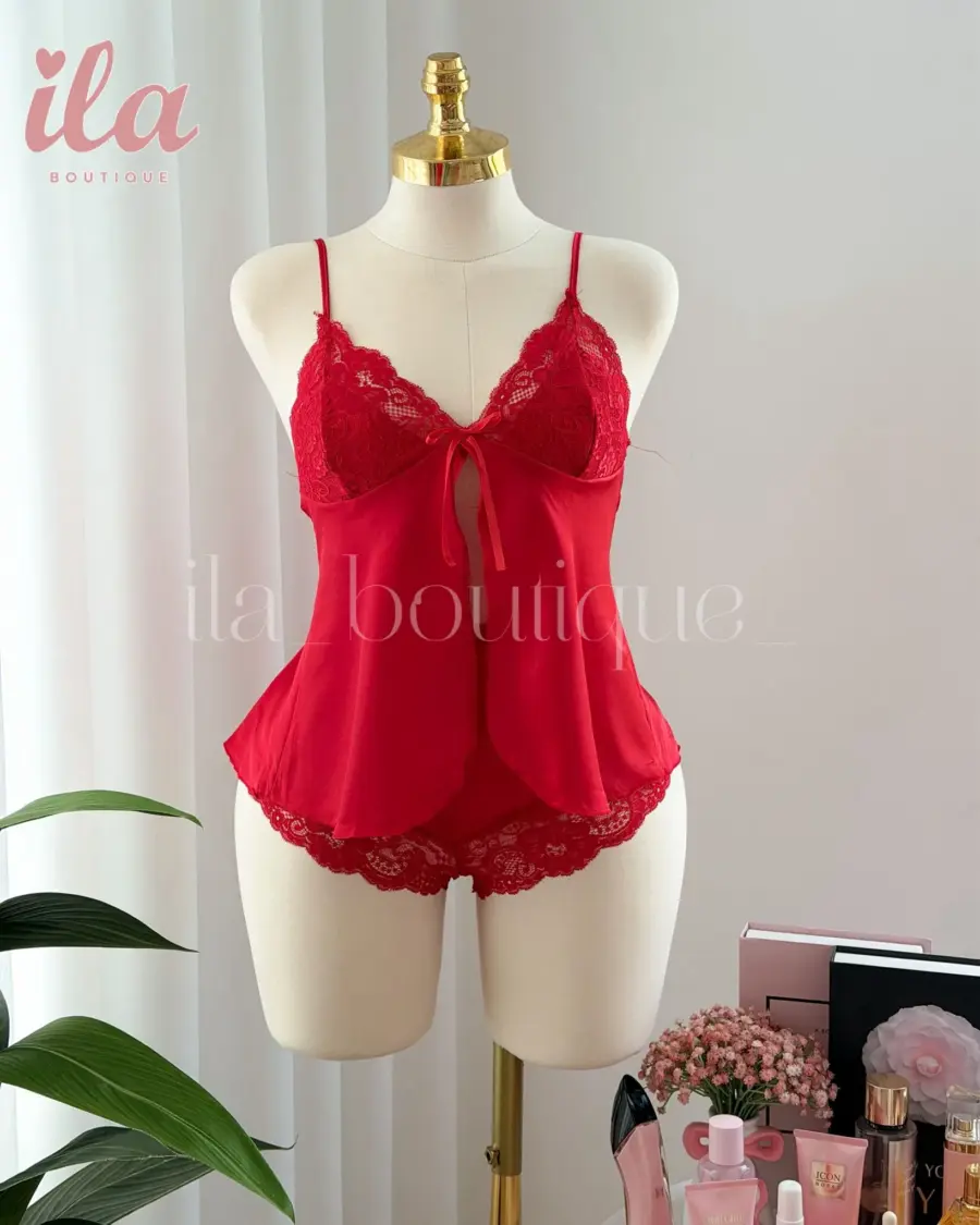 بيجاما احمر ستان دانتيل توب و شورت