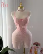 فستان زهري زم قماش تول و دانتيل على قد الجسم