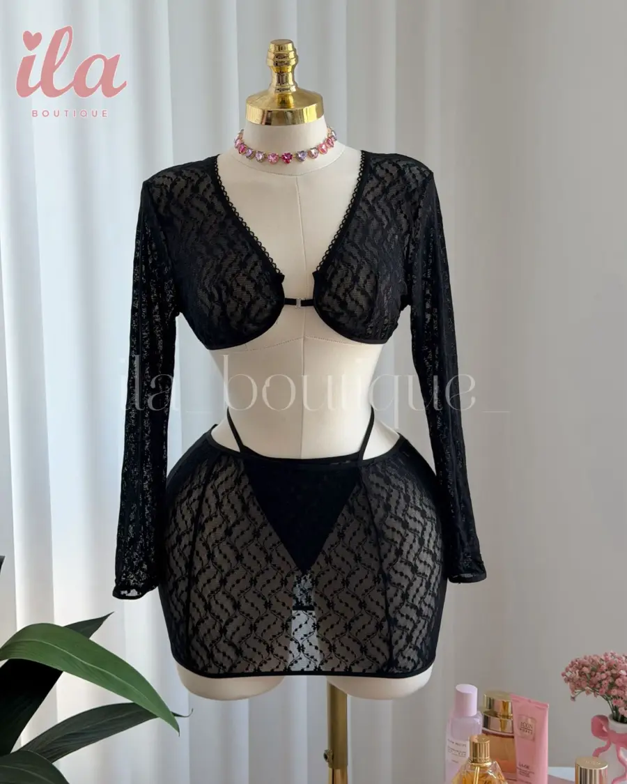 لانجري اسود 3 قطع دانتيل توب و تنورة و اندروير