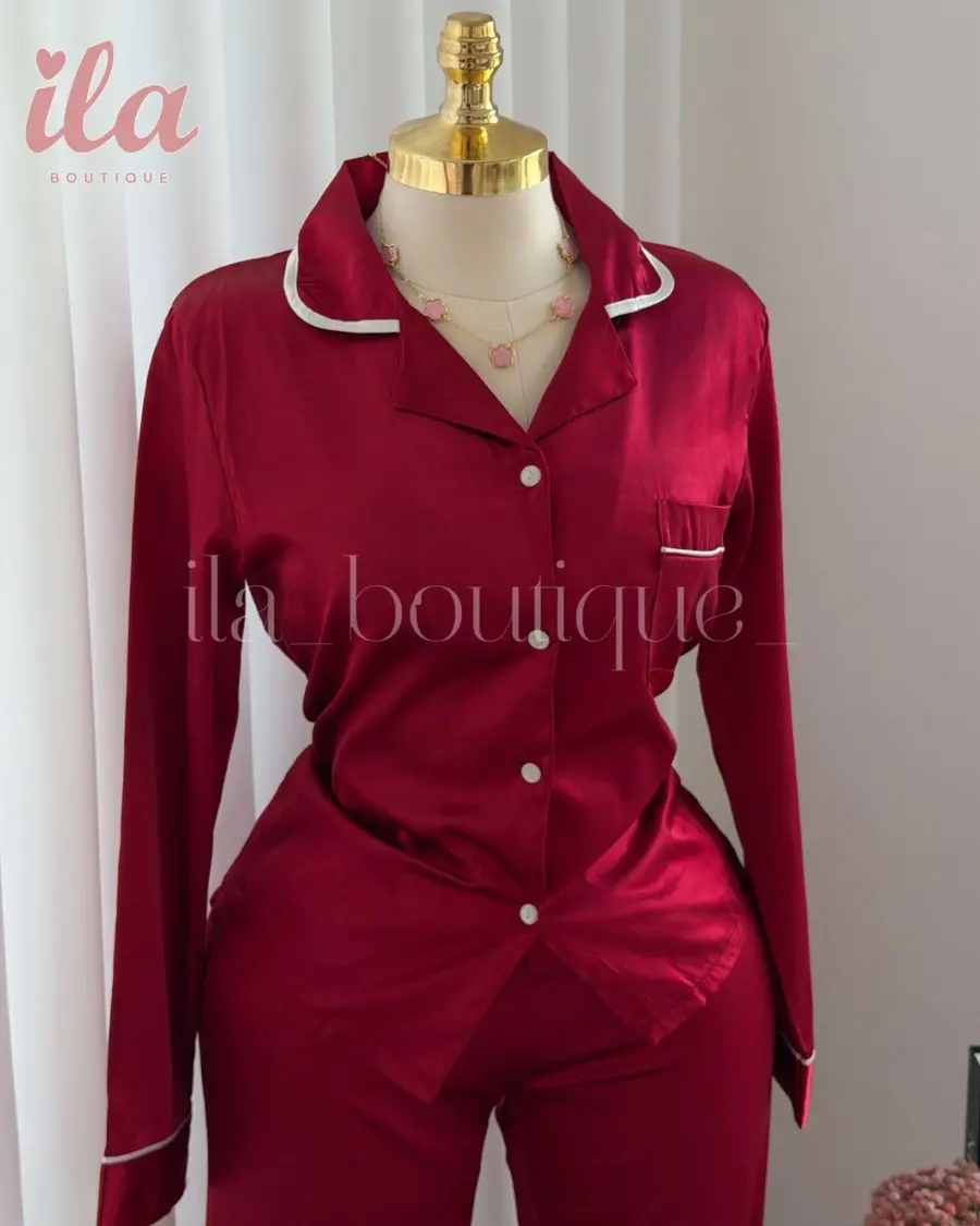 بيجاما ستان برغندي قميص كم و بنطلون