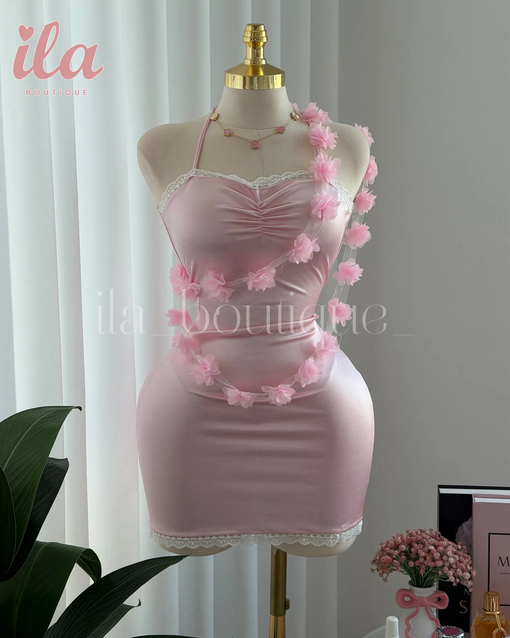 فستان انثوي زهري ستان مع سنسال ورد