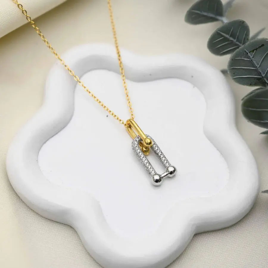 قلادة دبل لينك ذهب وفضة مرصعة