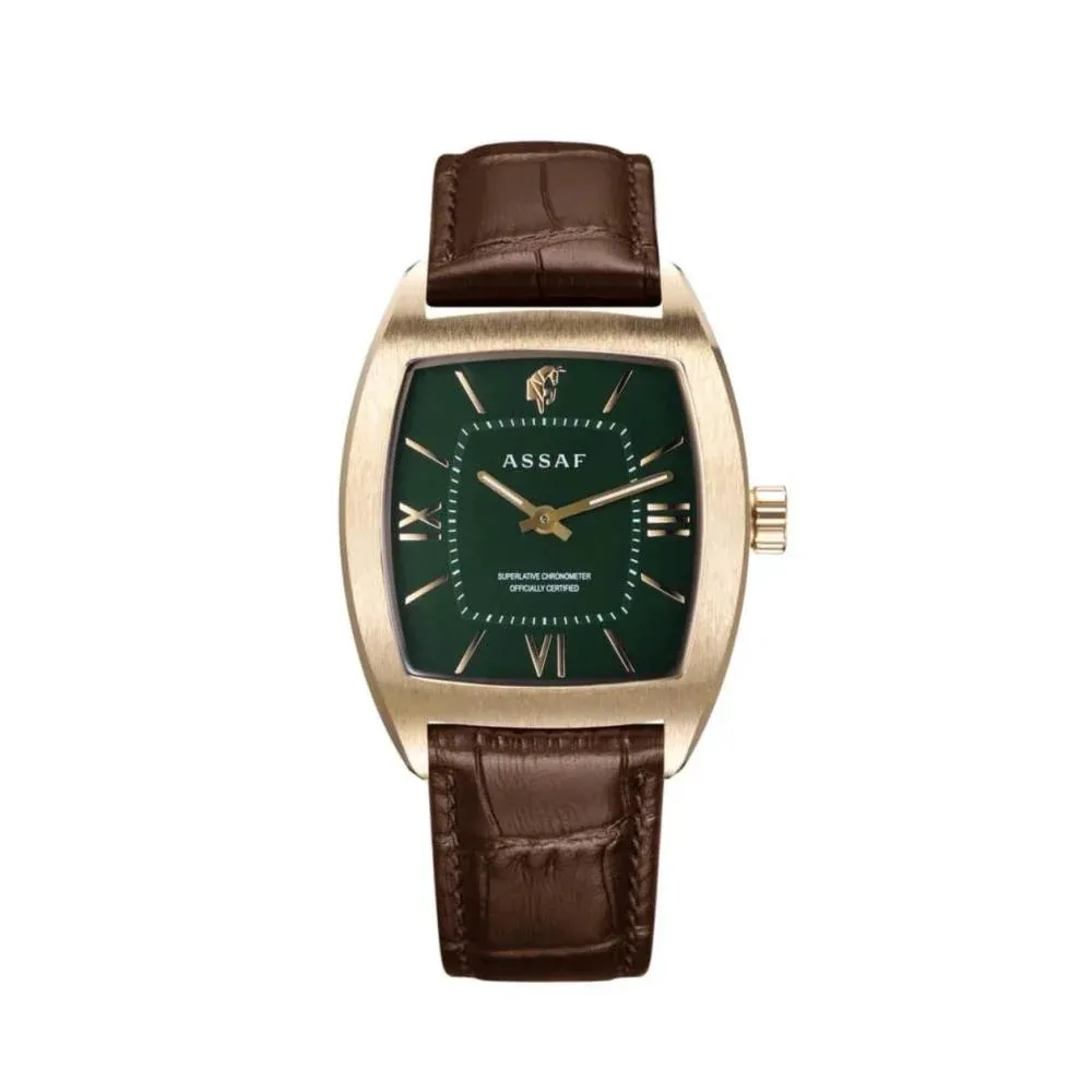 ساعة عساف من الجلد الأخضر والذهبي