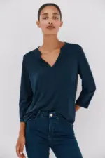 Linen-effect Mao collar T-shirt