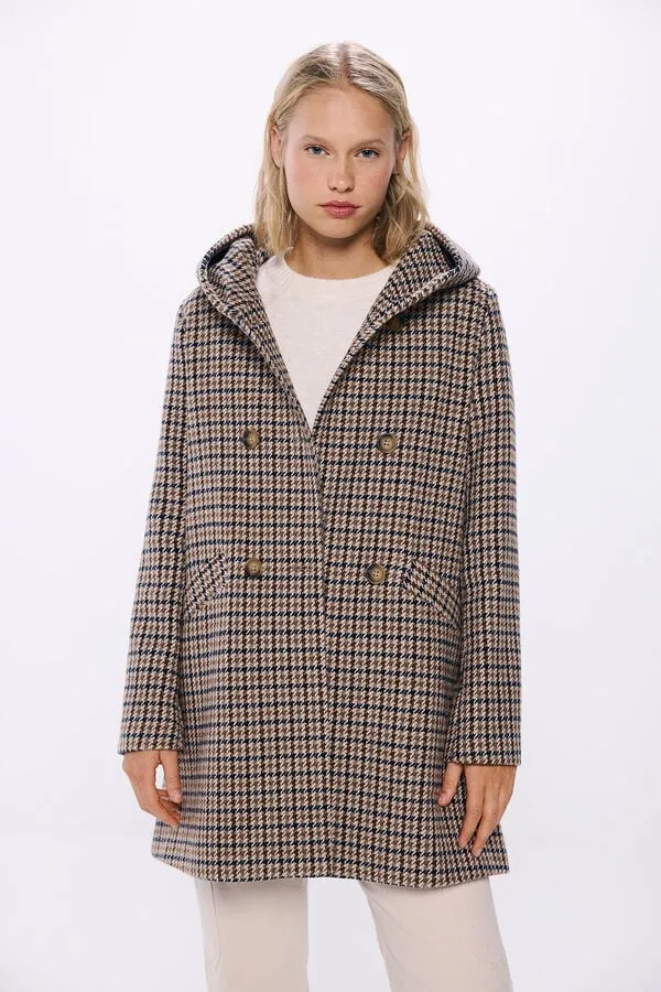 Checkered hooded coat with buttons