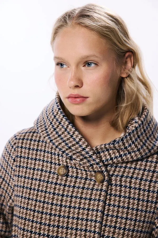 Checkered hooded coat with buttons