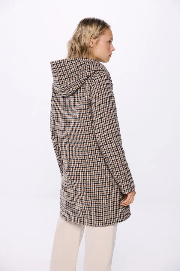 Checkered hooded coat with buttons