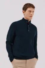 Structured cotton sweater with high neck and buttons