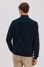 Structured cotton sweater with high neck and buttons