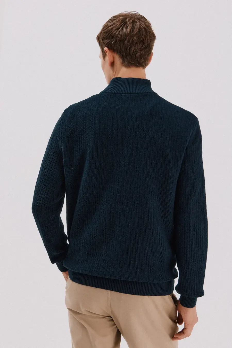 Structured cotton sweater with high neck and buttons