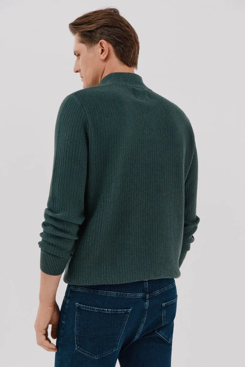 Structured cotton sweater with high neck and buttons