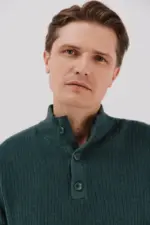 Structured cotton sweater with high neck and buttons