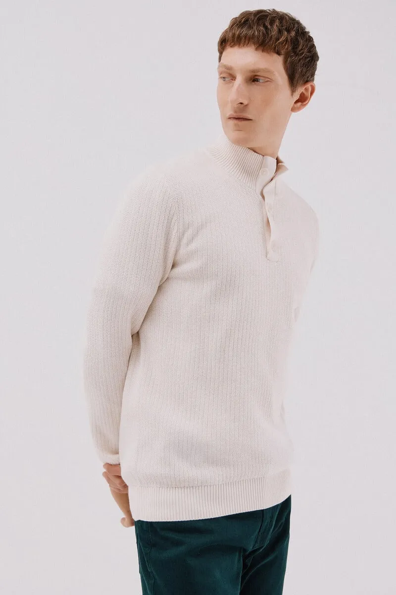 Structured cotton sweater with high neck and buttons