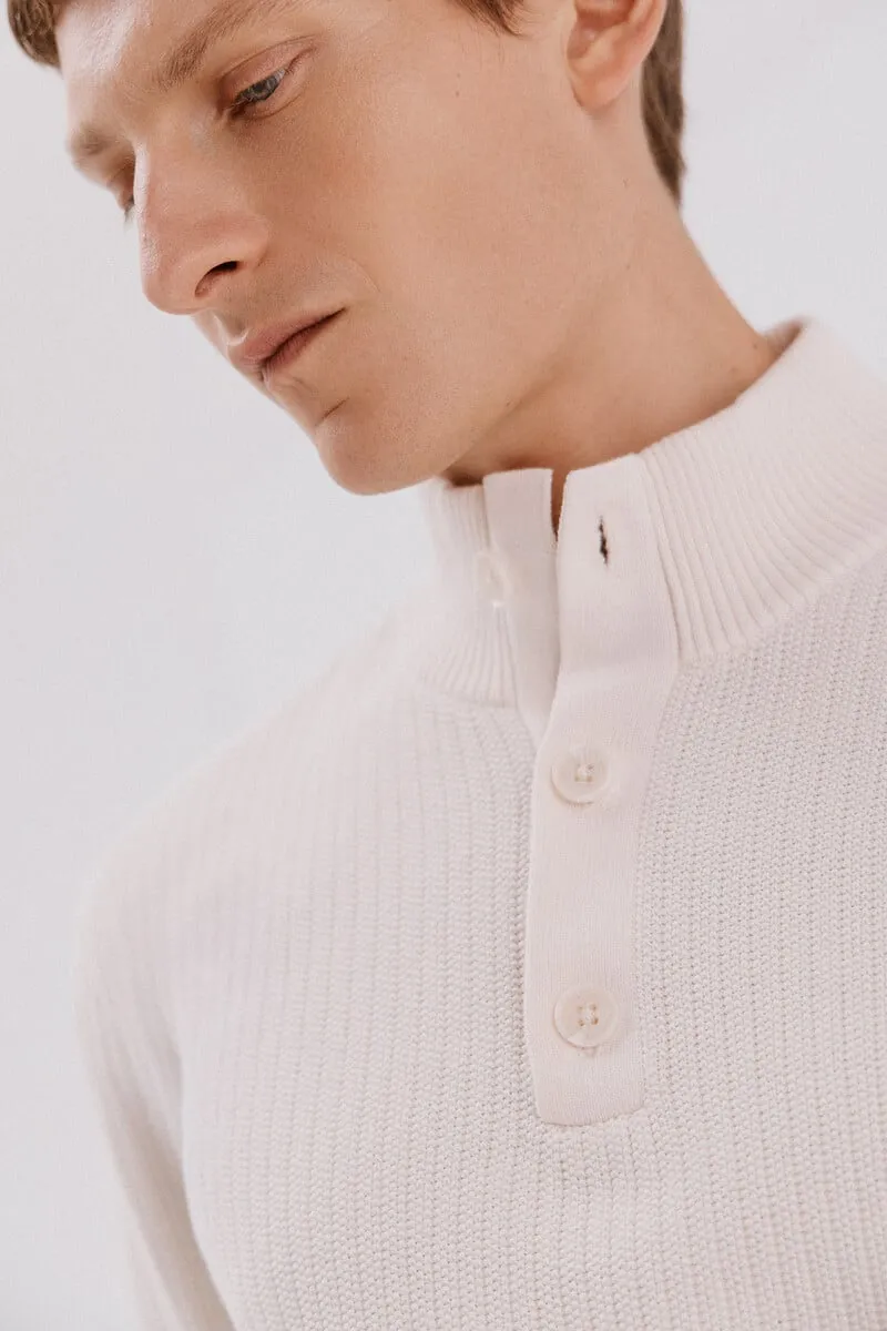 Structured cotton sweater with high neck and buttons