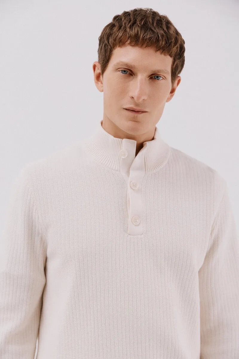 Structured cotton sweater with high neck and buttons