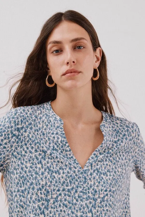 Linen-effect Mao collar T-shirt