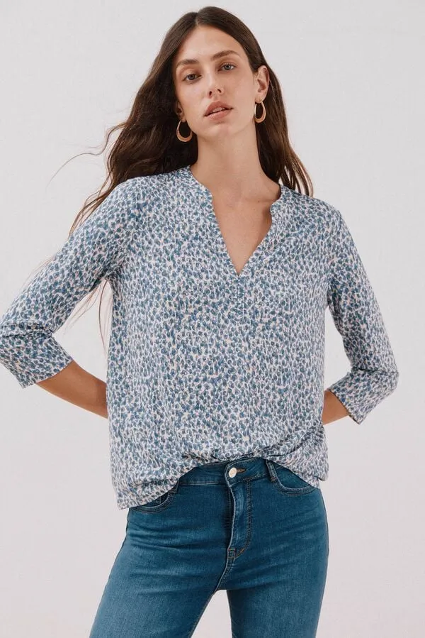 Linen-effect Mao collar T-shirt