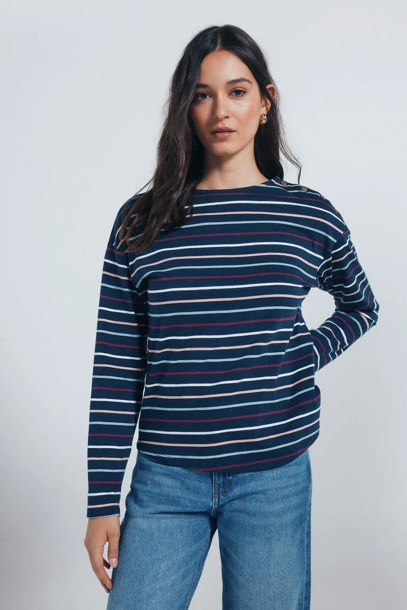 Striped T-shirt with shoulder buttons