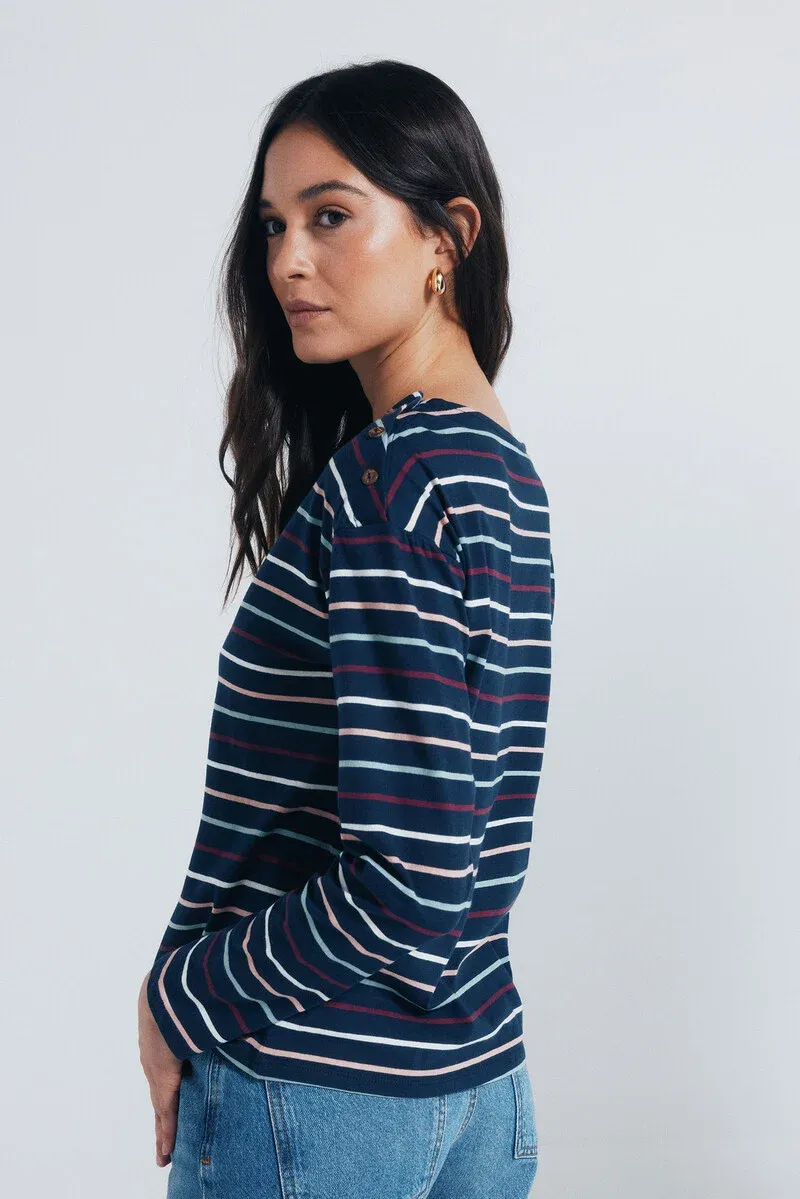 Striped T-shirt with shoulder buttons