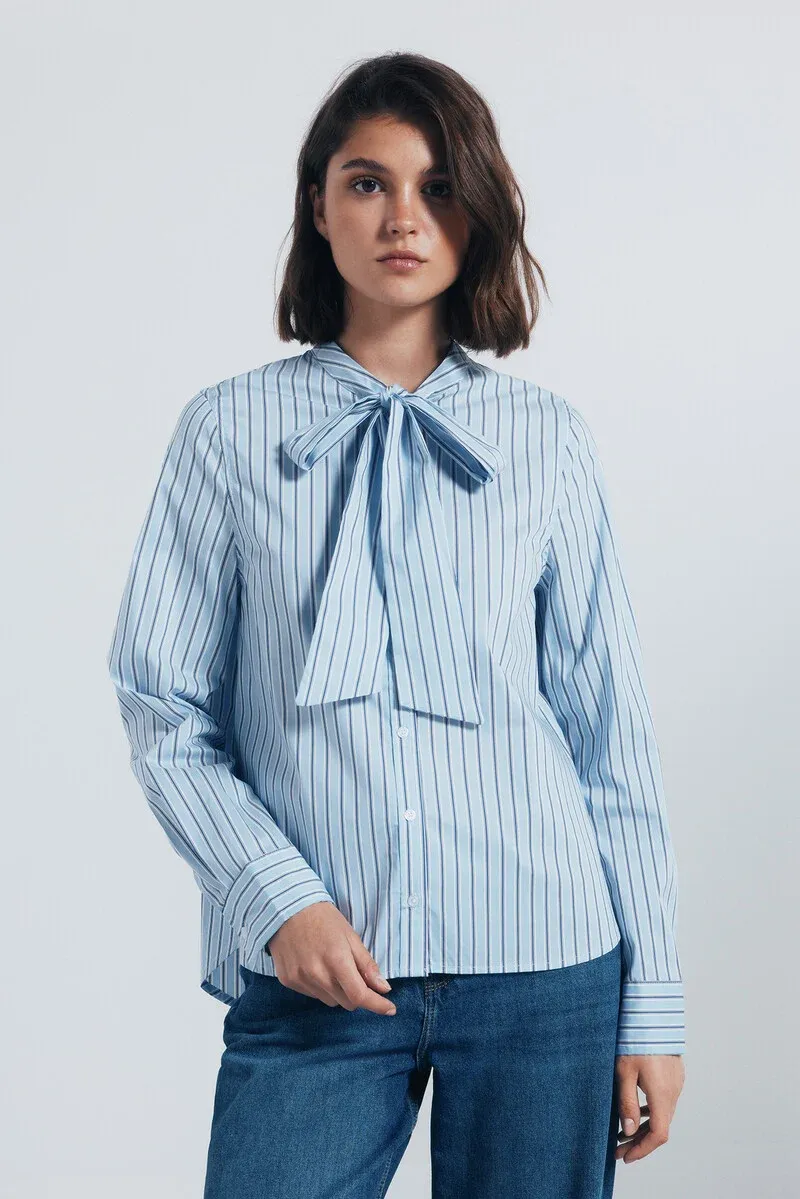 Striped bow neck blouse