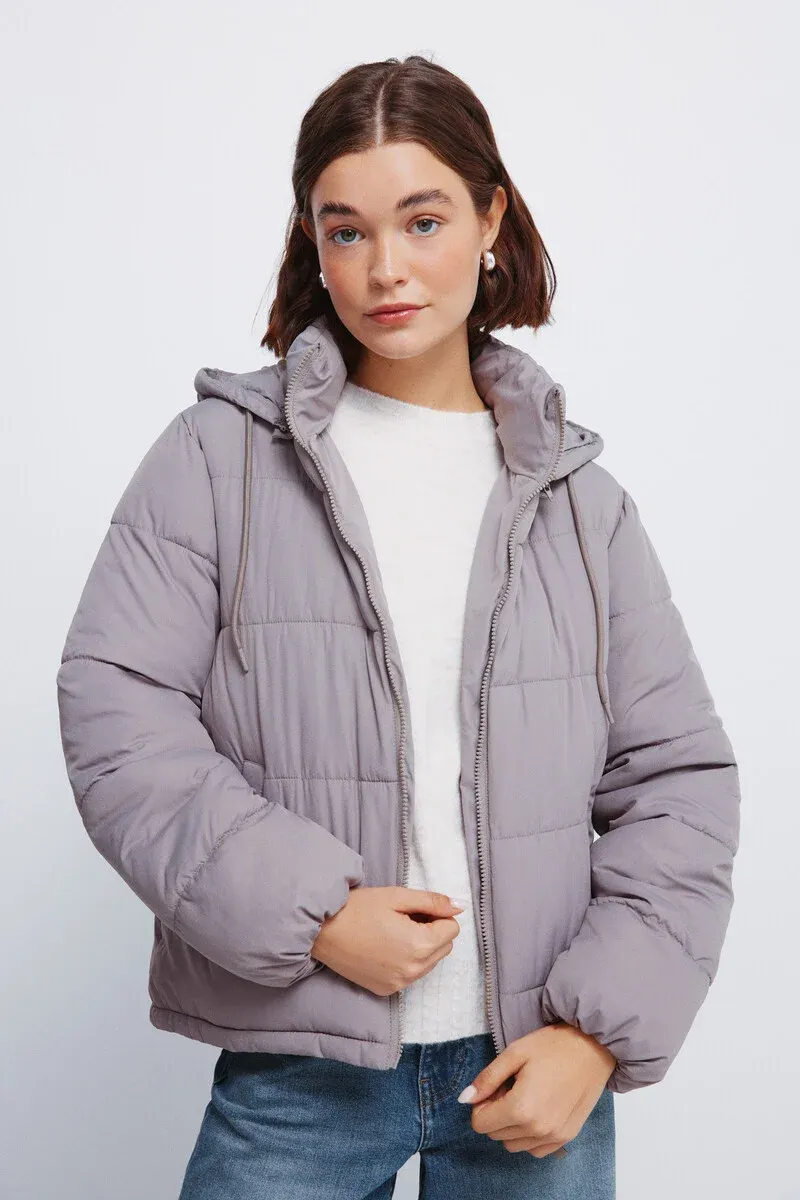 Padded jacket with recycled polyester hood
