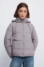 Padded jacket with recycled polyester hood