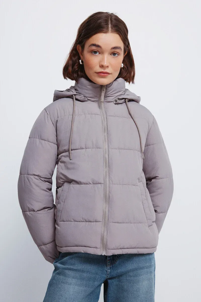 Padded jacket with recycled polyester hood