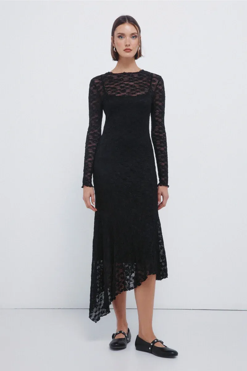 Asymmetrical lace midi dress