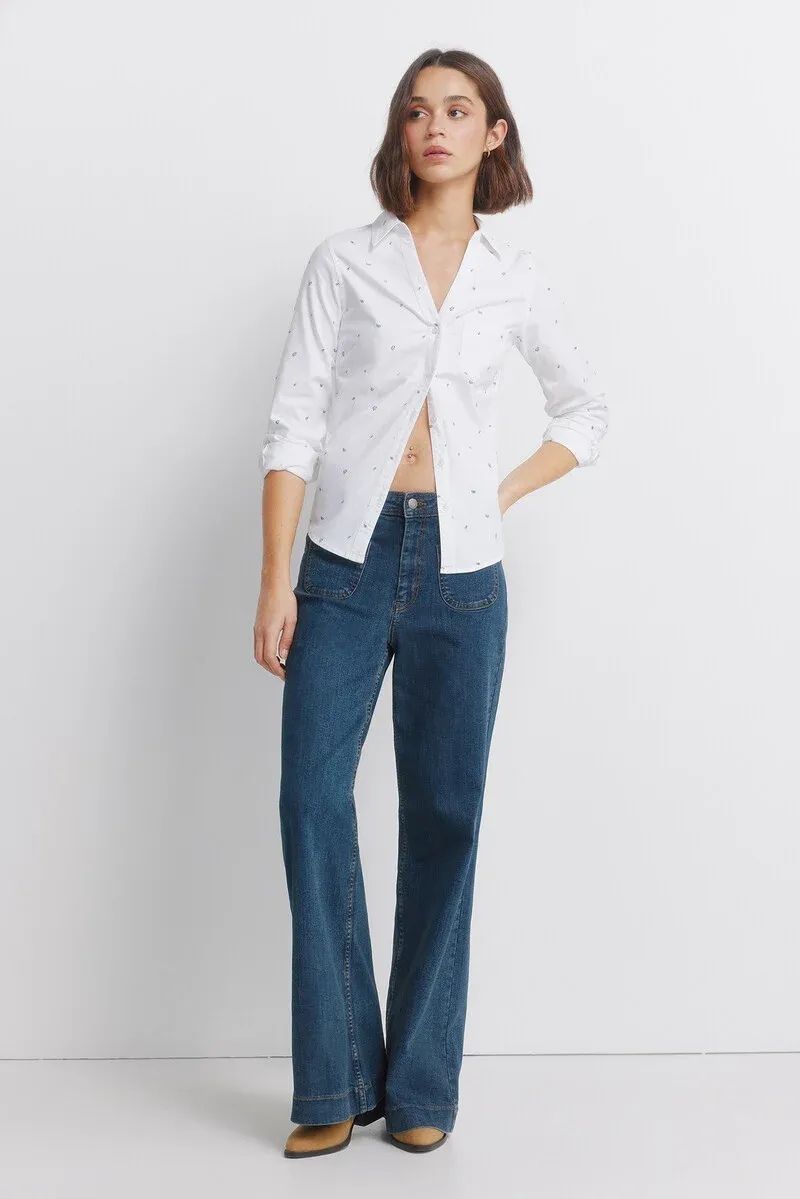 Cotton V-neck Oxford Shirt