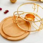 حمالة شمعة ستانلس مذهب قاعدة خشب بامبو 9-2828