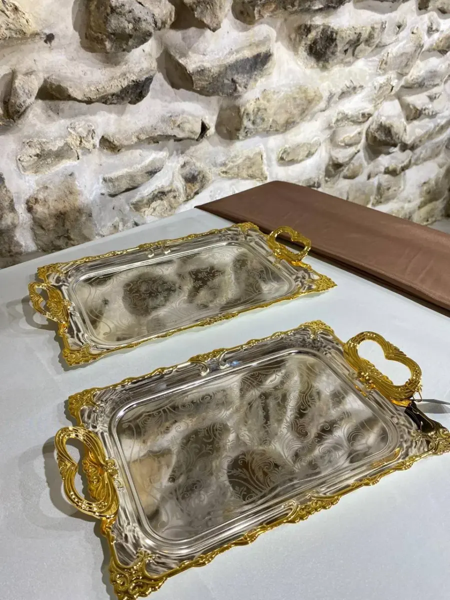 طقم / 2 صواني ضيافة مستطيل مزخرف فضي مذهب ADC 24 - K15
