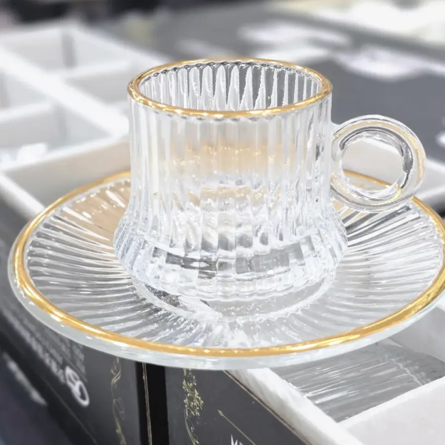 طقم فناجين شاي 6+6 زجاج محزز مذهب CS-058C