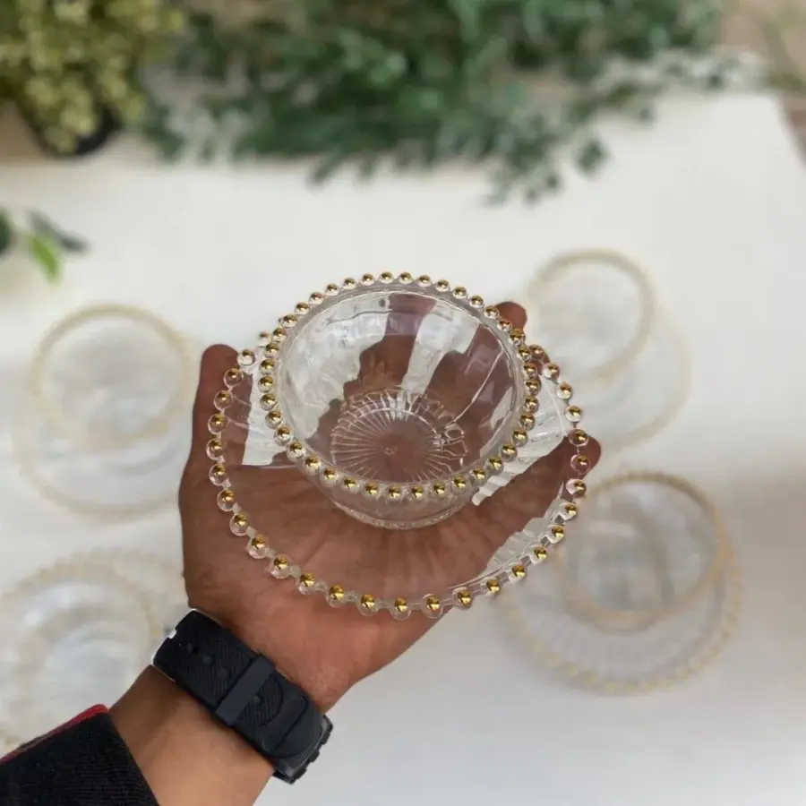 طقم صحون و زبادي6+6 زجاج محزز مذهب 2-618